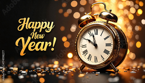 Festive New Year greeting featuring a golden clock and celebratory background with sparkling lights