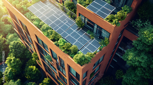 The transformation of an urban office building, retrofitted with modern solar panels - AI-generated.
