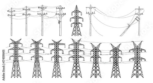 Vector illustration of collection of power transmission towers and utility poles, showcasing electricity distribution infrastructure