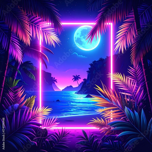 Neon tropical scene framed by glowing light
