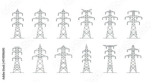 Vector illustration of set of electricity pylons collection of power line support towers for energy transmission in various styles and designs