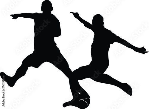 Dynamic silhouette of two soccer players in action.
Silhouettes of two soccer players captured mid-action, one kicking a ball while the other reaches out—pure dynamic energy.
