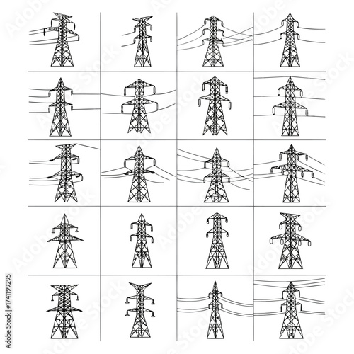 Vector illustration of collection of electricity pylon illustrations set of different types of power line towers, electrical transmission infrastructure