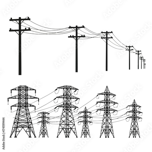 Vector illustration of silhouetted power lines and electricity pylons row of electrical transmission towers and wooden poles carrying high voltage cables