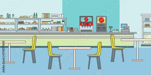Flat vector illustration of modern cafe interior with chairs, tables, counter, food display and drink machine