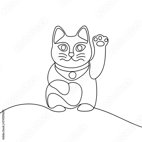 Cat figurine waving with one paw in minimal line art style  