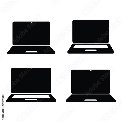 Four silhouette laptop icons modern portable computers open device technology digital gadgets technology silhouette