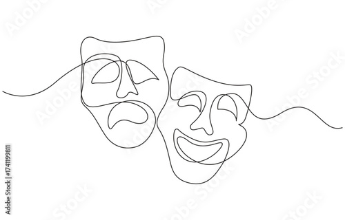 Theater mask tragedy and humor one line continuous line art. Character mask sketch.
