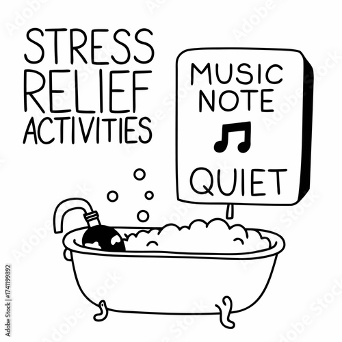 Stress Relief Activities Hand-Drawn Icon: Bubble Bath, Quiet Time, and Music Note Symbol