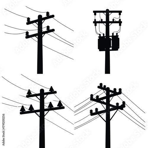 Vector illustration of silhouette of various wooden utility poles with power lines different designs of electricity pylons for energy distribution and communication