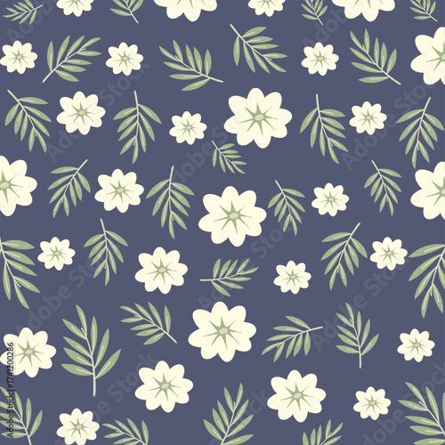 Floral pattern on a black background, flower and leaves seamless pattern. abstract print in rustic vintage style, textile or wallpaper.