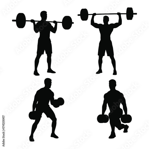 Dynamic fitness silhouettes four poses of weightlifting and strength training for exercise and sports silhouette