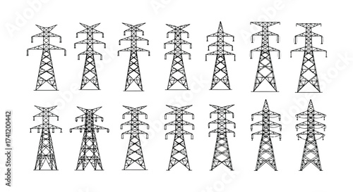 Vector illustration of silhouette of various steel lattice electricity pylons different designs of high voltage power line support towers