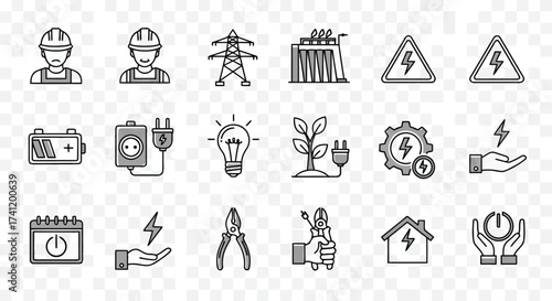 Vector illustration of hand drawn electricity and energy icons set collection of electrical worker, power plant, light bulb, plug, battery and other related symbols