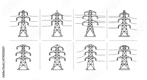 Vector illustration of set of electricity pylon line art collection of high voltage power line transmission tower vector illustration in outline style