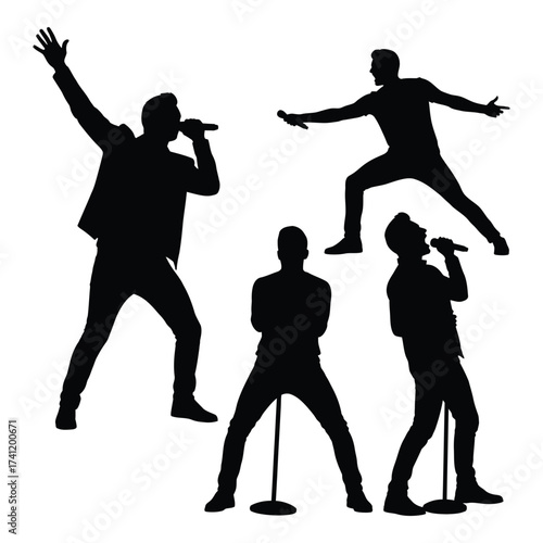 Dynamic stage performance silhouettes of singers and performers in energetic poses capturing musical energy silhouette