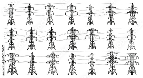 Vector illustration of illustration of many power line poles hand drawn sketch style vector illustration of electric transmission lines