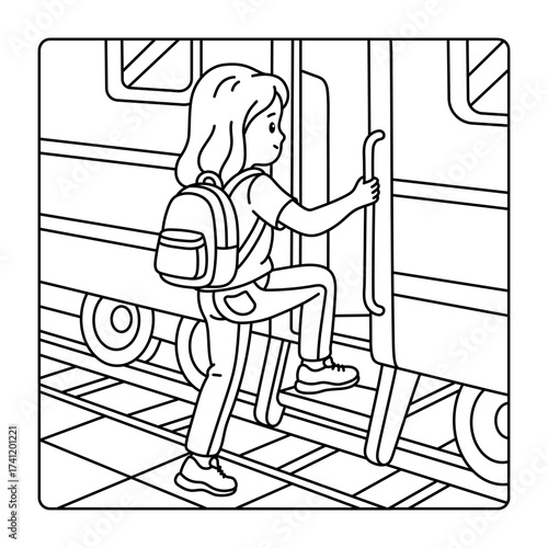 Girl at the station near the train. Coloring page for children and adults.