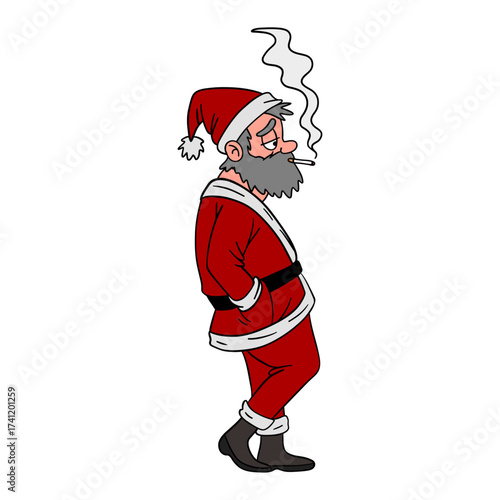 Funny and bad tired Santa Claus after the busy holiday season with smoking 