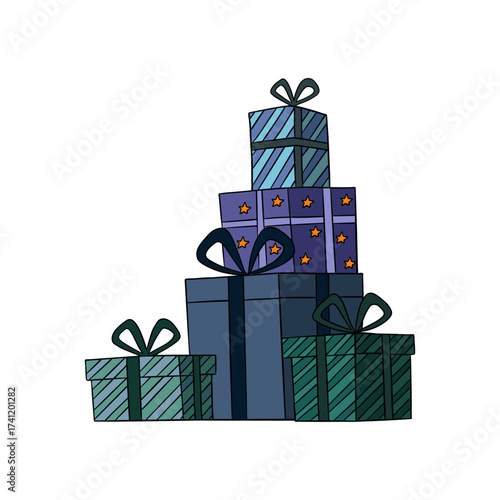Festive Christmas gifts with ribbons and decorations. Bright and colorful holiday illustration perfect for greeting cards, invitations, seasonal posters, postcards, clipart, and vector artwork
