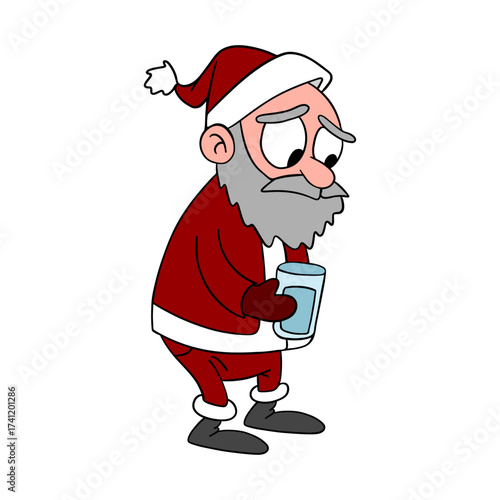 Funny and bad tired Santa Claus after the busy holiday season with drinks