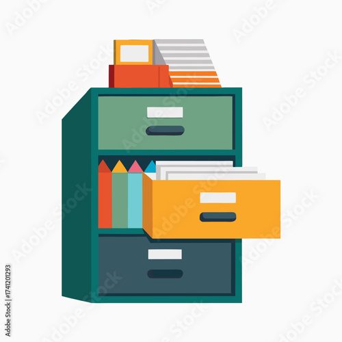 Colorful illustration of a green metal filing cabinet with open drawer and stacked papers on top