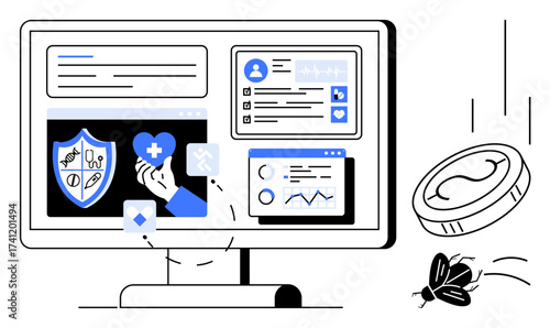 Computer screen displaying health monitoring tools, insurance symbol, financial elements, data charts, and a falling coin. Ideal for healthcare, technology, finance, innovation analysis insurance