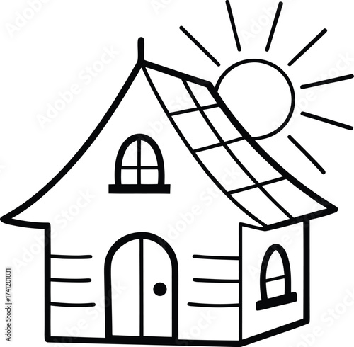 Simple house with sun and rays, isolated on white background