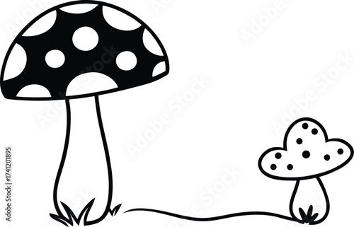 Cute black and white illustration of two cartoon mushrooms with polka dots, one large and one small, isolated on white background