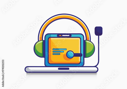 Cartoon illustration of a tablet computer with headphones and microphone for online communication and support