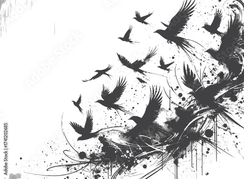 A powerful black ink illustration of a flock of birds in rapid flight, created with sweeping brush strokes and splatters. Evokes movement, freedom, and nature’s dynamic energy