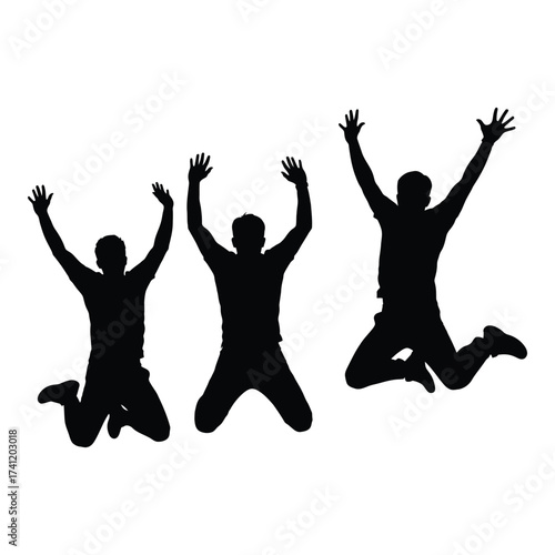 Joyful silhouettes of three people jumping and celebrating with arms raised high silhouette