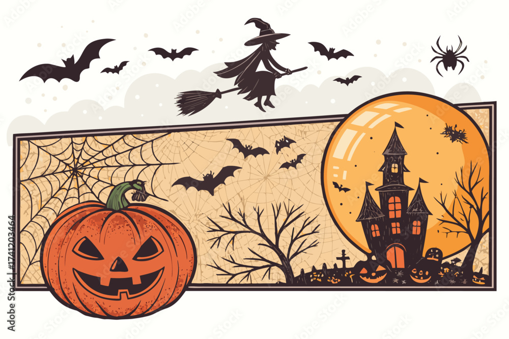 Obraz premium Halloween vector art of halloween themed illustration showcasing a grinning pumpkin, a spider, and a larger spider, all above a banner with the word halloween in a dripping font 