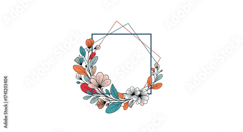 A delicate floral wreath surrounds a geometric frame for your designs.