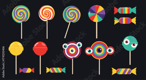 A collection of colorful pixel art candies and lollipops.