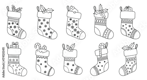 Ten christmas stockings filled with gifts and treats for a festive holiday season.