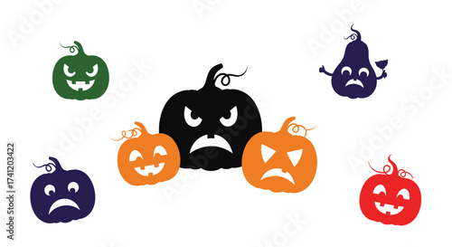 A collection of spooky and cute Halloween pumpkins and gourds with expressive faces.