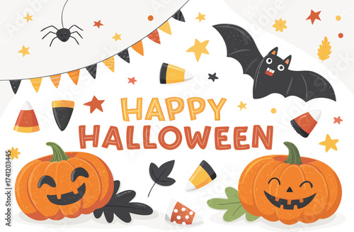 Halloween vector art of halloween themed illustration showcasing a grinning pumpkin, a spider, and a larger spider, all above a banner with the word halloween in a dripping font	
