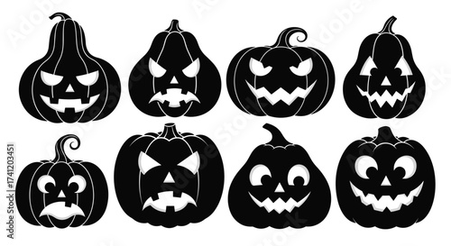 Eight creepy carved black halloween pumpkins on white background.
