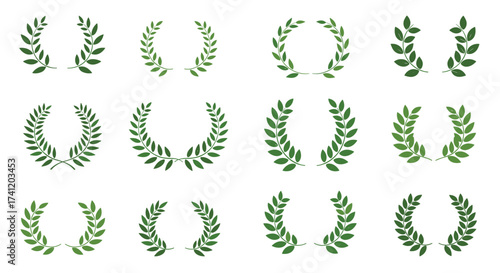 A collection of twelve green laurel wreath symbols representing victory and achievement.