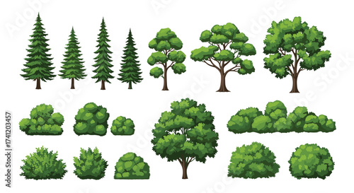 Collection of pixel art trees and bushes for game development.