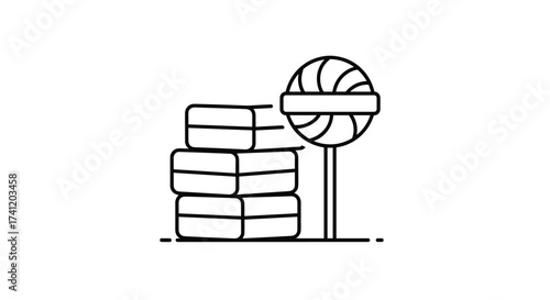 A stack of candy bars and a lollipop.