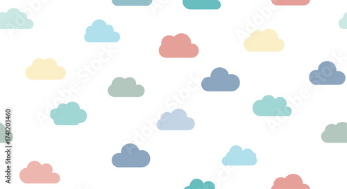 A pastel collection of fluffy clouds scattered across a white background.