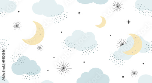 A soft pastel pattern of clouds moons and stars in the night sky.