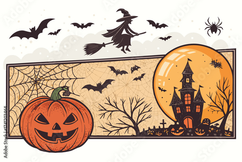 Halloween vector art of halloween themed illustration showcasing a grinning pumpkin, a spider, and a larger spider, all above a banner with the word halloween in a dripping font	

