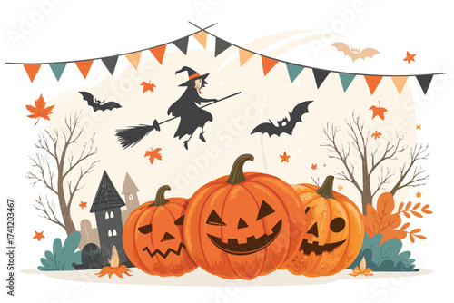 Halloween vector art of halloween themed illustration showcasing a grinning pumpkin, a spider, and a larger spider, all above a banner with the word halloween in a dripping font	
