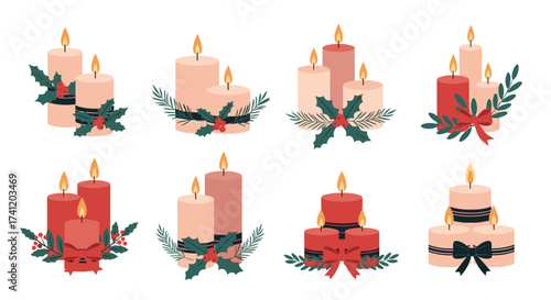 Elegant festive candles adorned with seasonal greenery and bows.