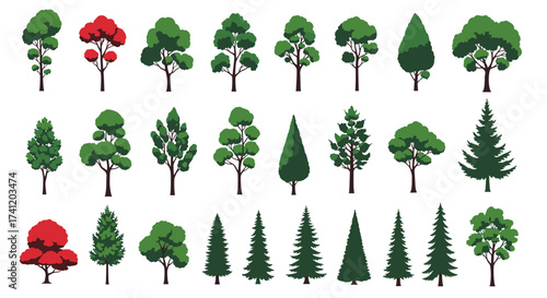 A collection of pixel art trees in various shapes and colors.