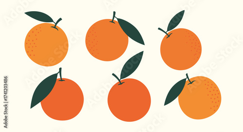 Six sweet oranges with green leaves on a creamy background.