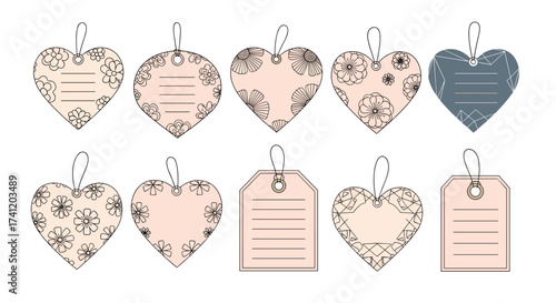 Set of cute decorative heart and rectangular tags with floral patterns.